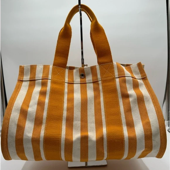 Hermes-Authentic- Yellow / White Stripe Cannes Tote Bag with Pouch - Picture 2 of 14